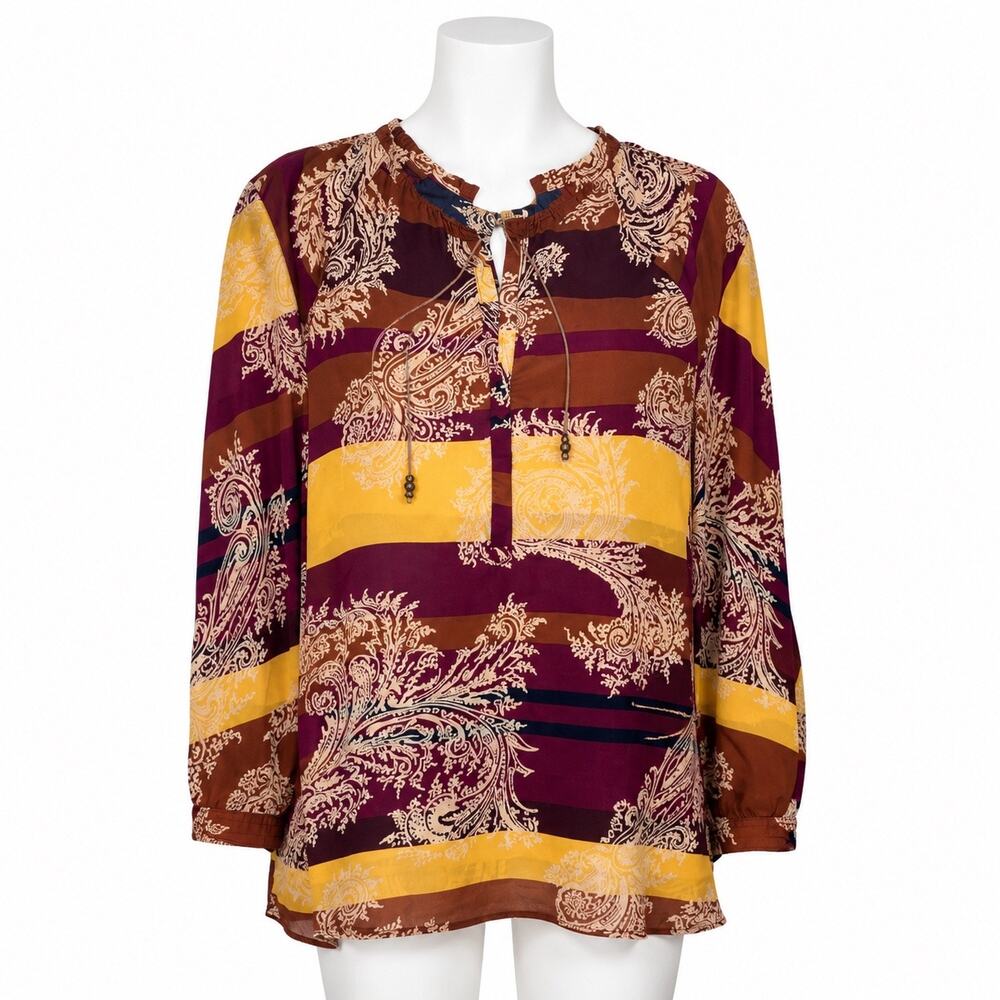 Democracy Top Tunic Plus Size 1X Paisley Multicolored Striped Shirt Tie Beads